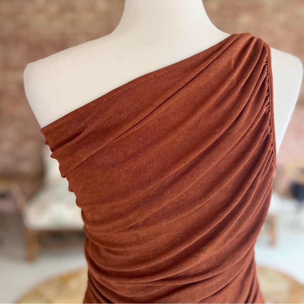 Mable Bodycon Dress Ruched One Shoulder S Asymmetrical Rust Glam Cocktail Party - Picture 11 of 15